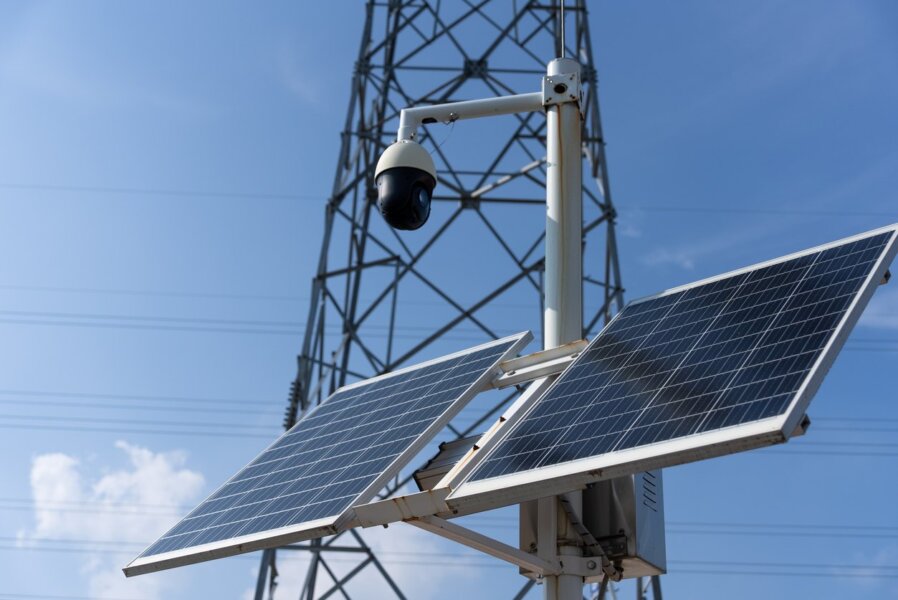 A solar-powered mobile security camera system on a surveillance trailer.