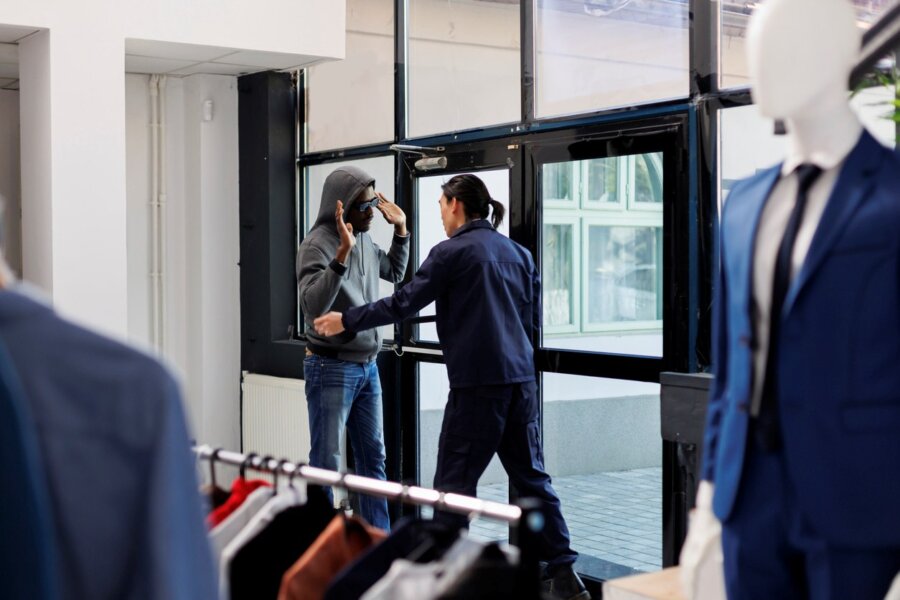 A security guard stops a thief in a gray hoodie and blue jeans from stealing items from a men's clothing store.
